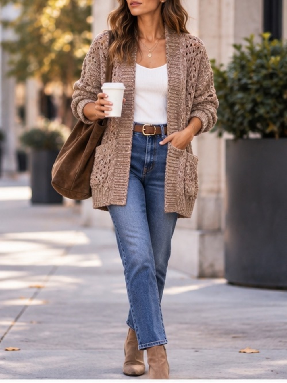 Hello Nite Oversized Chenille Chunky Knit Open Front Cardigan Almond M NWT